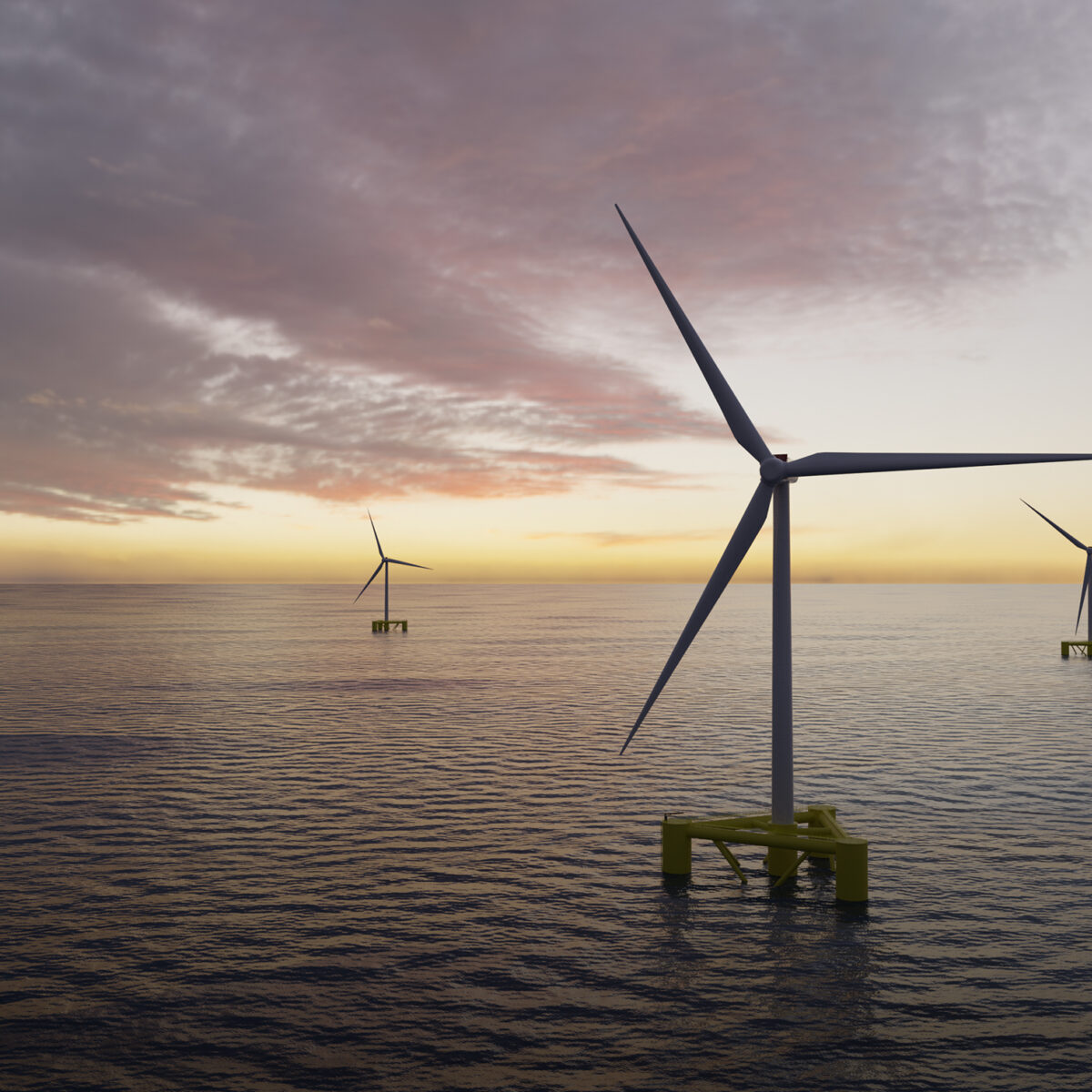 Offshore wind turbines in a calm sea with cloudy sky