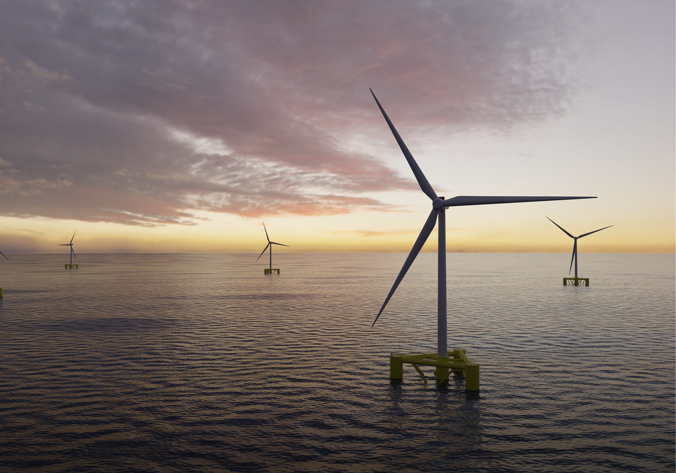 Offshore wind turbines in a calm sea with cloudy sky